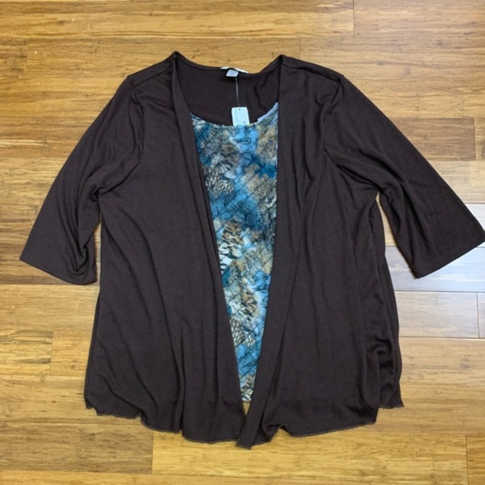 CJ Banks Cardigan Top Womens 2X Brown Blue Ruffle Scoop Neck 3/4 Sleeve Workwear
